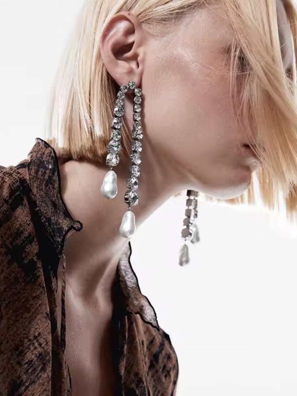 Silver Crystal Drop Earrings with Pearlescent Teardrops